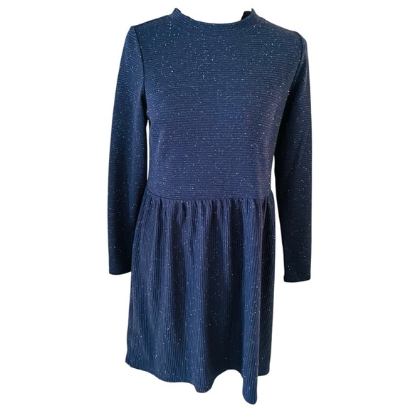 NWT LOFT Flecked Button Navy Speckled Ribbed Knit Swing Dress SP Small Petite - Picture 4 of 10